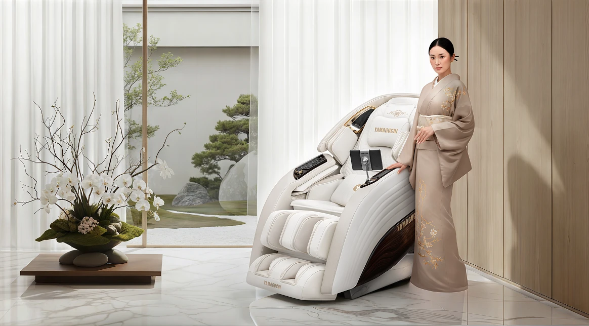 Женщина в традиционном кимоно стоит рядом с белым массажным креслом Yamaguchi X в светлой комнате с японским интерьером — видны окно, зелёный сад и цветочная композиция